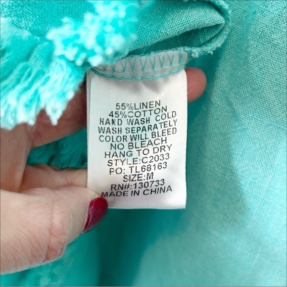 Umgee Green Babydoll Linen Cotton Ruffle Tunic Blouse Top Frayed Hem Sz M - Picture 12 of 12